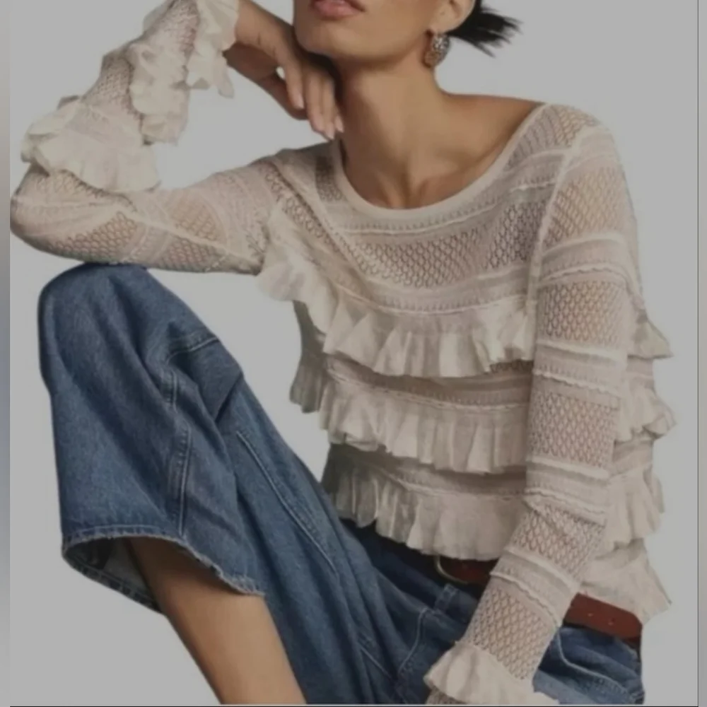 Anthropologie Ruffle Crochet Sweater Blouse Ivory Size XXS New